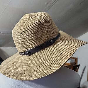 Wide Brim Straw Sun Hat with Braided Band - Beige